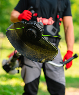 Een persoon zaagt een boomstam door met een KOX-kettingzaag, terwijl houtspaanders in het rond vliegen.