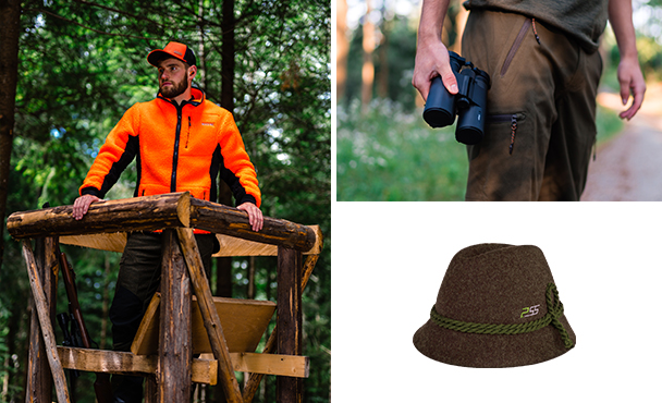 Collage met drie jachtscnes: links staat een man in een oranje jas op een hoogzit in het bos, rechts boven houdt iemand een verrekijker vast, onderaan is een bruine jachtpet met groen koord te zien.