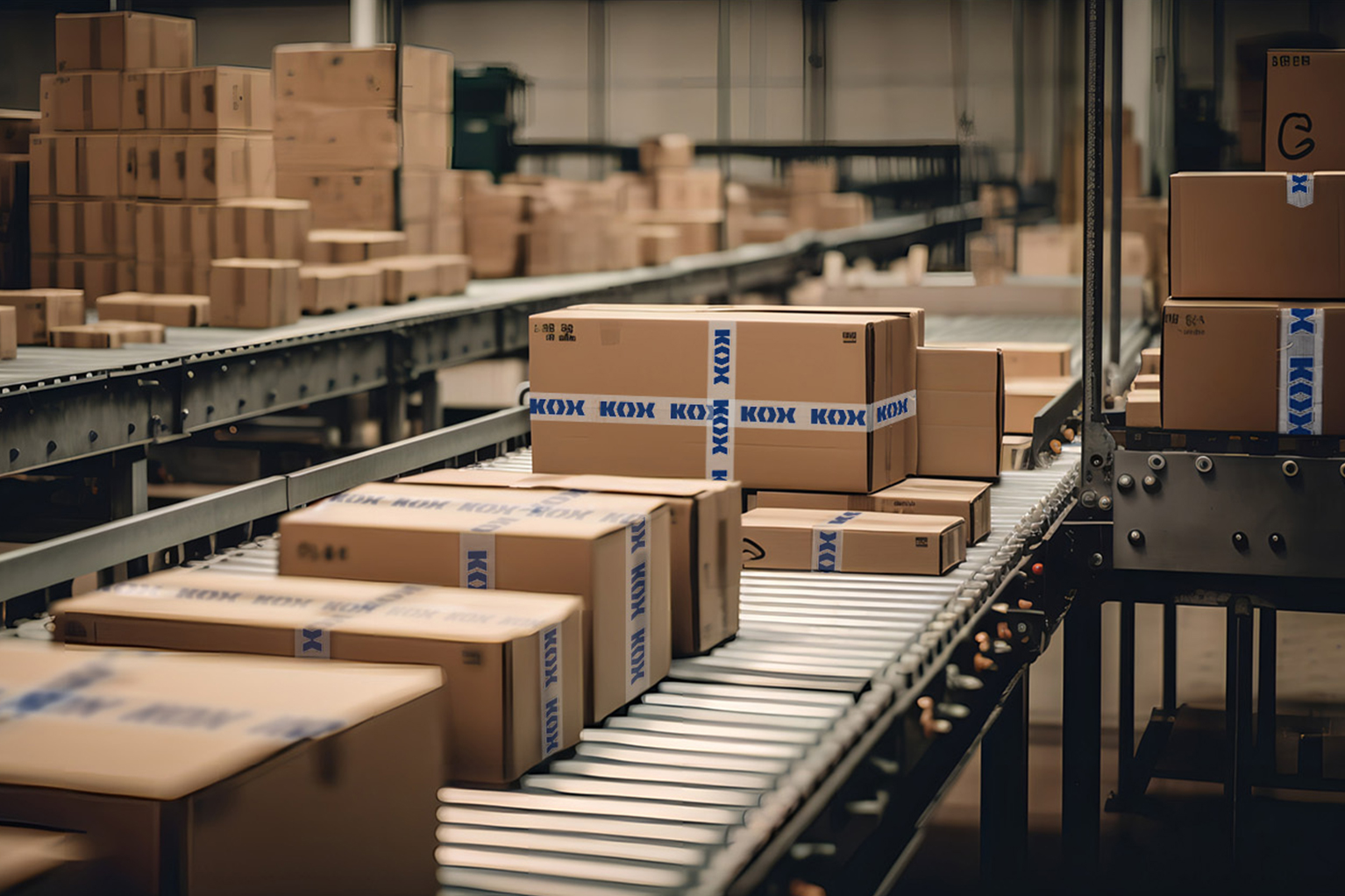 Pakketten met KOX-tape gaan over transportbanden door een magazijn.