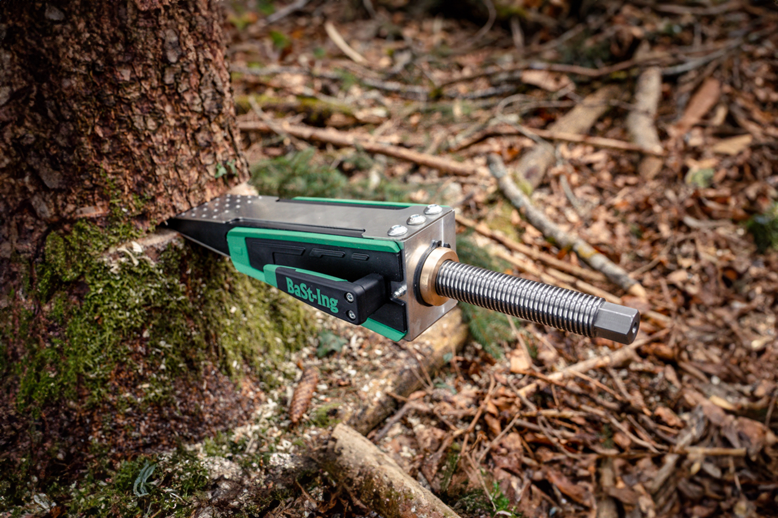 Een metalen wiggereedschap zit aan de voet van een boomstam in het bos en is geplaatst voor velwerk.
